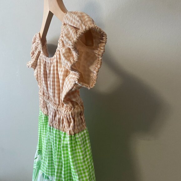 Handmade Children's 100% Cotton Tan White Green Gingham Multi Pattern Dress - Picture 12 of 12